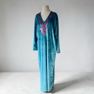 Vtg 80s Oscar de la Renta Blue Velour Maxi Dress Caftan Embroidered OS Lounge
